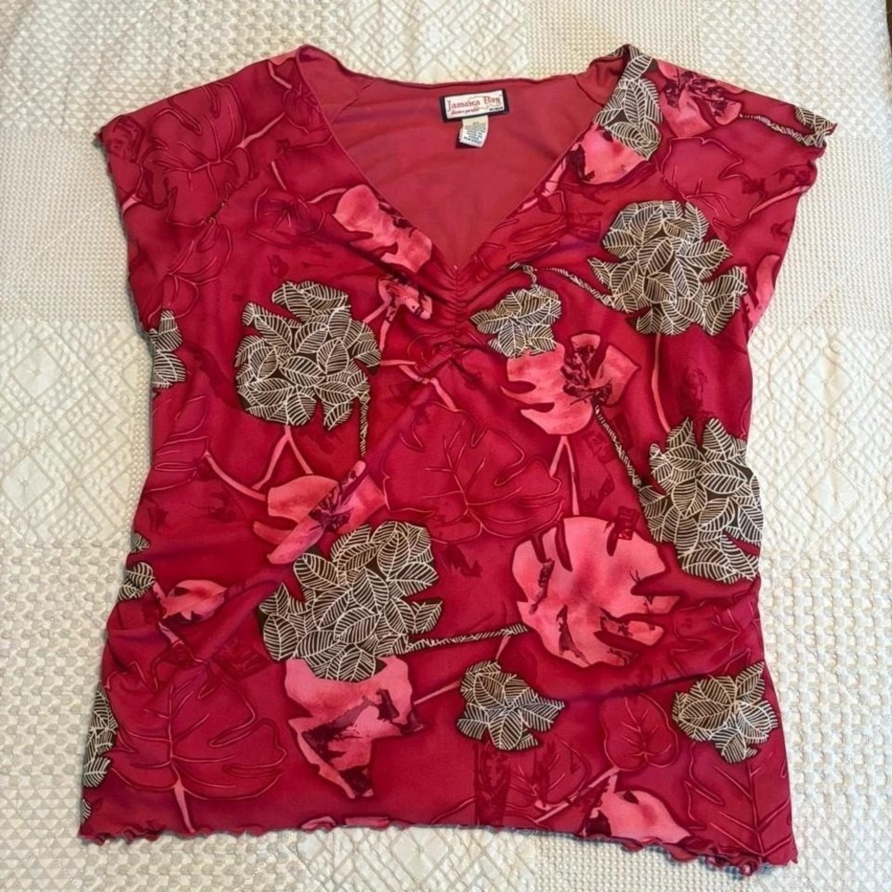 2000s red tropical floral blouse, 2X